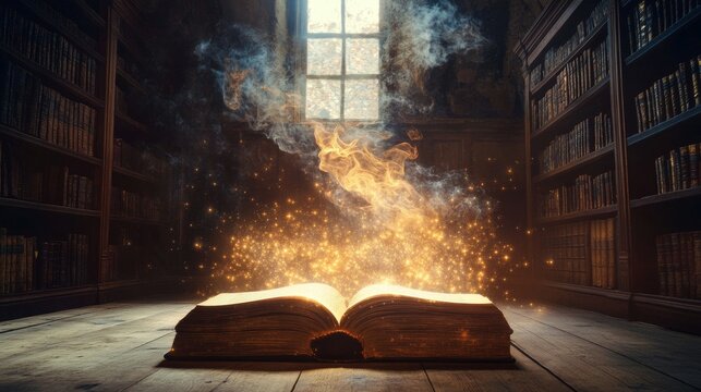 An open ancient book glows with magic in a dark library with sunlight shining through a window.