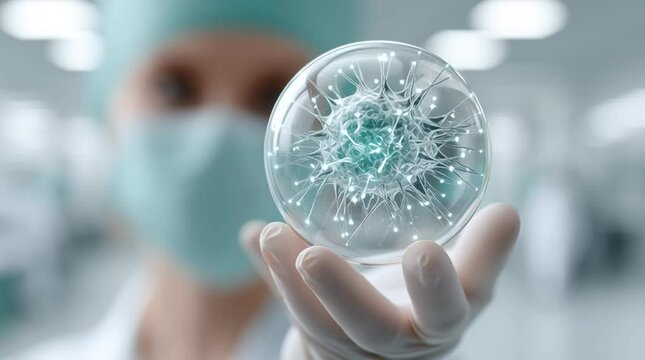 Cancer doctor hologram displaying virus cell in laboratory with medical mask and gloves for advanced research and treatment using futuristic technology in medical environment - Powered by Adobe