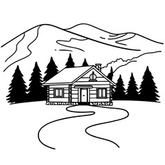 Cabin in the Woods Illustration Vector Mountain Landscape Art