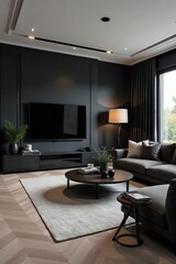 Fototapeta premium Modern Minimalist Living Room with Black Accents Sleek Furniture, Dark Walls, Stylish Decor. Perfect for Interior Design, Home Decor, and Real Estate.