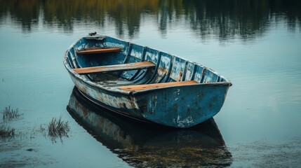 Obraz premium A blue rowboat with wooden seats sits still in a calm lake, surrounded by water and greenery.
