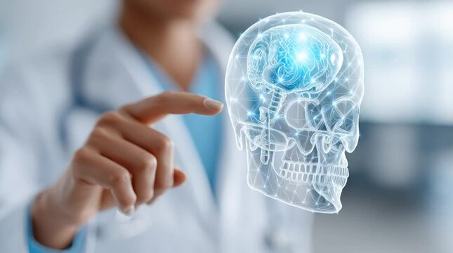 Cancer doctor uses hologram of human skull and brain to explain medical conditions with advanced technology clinical environment showing futuristic healthcare innovation and examines glowing hologram - Powered by Adobe