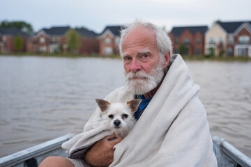 Senior man with a grey beard holds a small dog wrapped in a towel while sitting in a boat in a flooded suburban area, surrounded by rooftops in the water