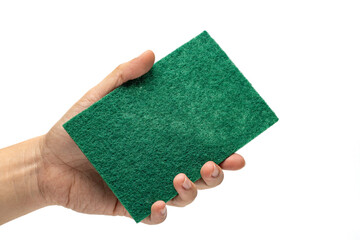 Hand holding green sponge, scouring pad or scrubbing pad. Isolated in white background. © Hasim Ramle