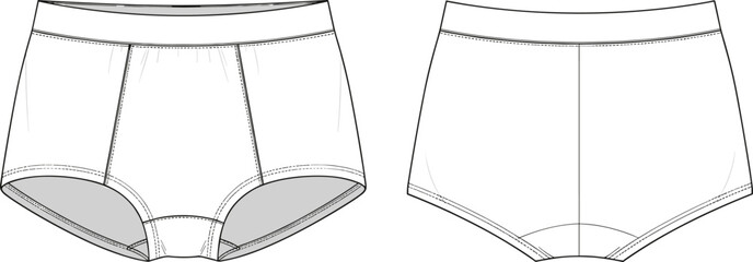 Women's underwear technical flat, front and back view, high-waist brief design, lingerie vector sketch, fashion apparel CAD drawing