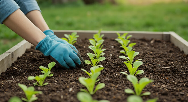 Hands in blue gloves planting green seedlings in wooden garden box. Organic farming agriculture concept. Plant care, environmental protection. Earth Day, spring gardening, nursery services banner