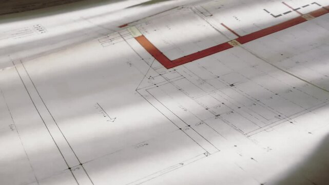 Draftsman lays out architects blueprint to calculate measurements
