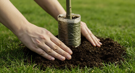 Hands protecting young tree sapling wrapped in burlap on green grass. Woman planting small tree with protective covering in garden soil. Tree planting concept. Landscaping services, nursery sale
