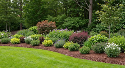 Garden border with mixed colorful plants and green lawn edge. Landscaped flower bed featuring various shrubs perennials near manicured grass. Professional garden design. Landscaping services
