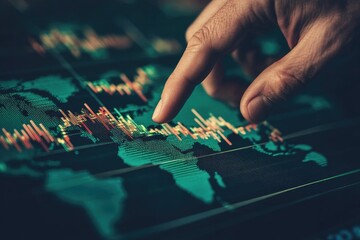 A hand points to financial data displayed on a world map