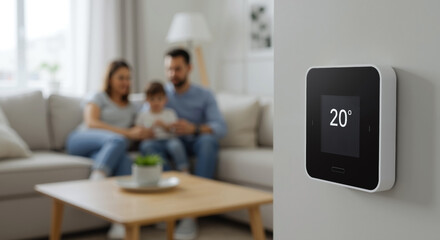 Smart home thermostat displaying 20 degrees with family relaxing on sofa in background. Digital temperature control panel mounted on white wall. Home automation technology. Climate control services