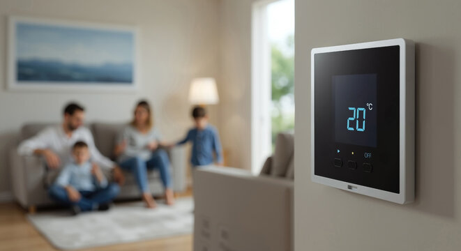 Smart home thermostat displaying 20 degrees with family relaxing on sofa in background. Digital temperature control panel mounted on white wall. Home automation technology. Climate services - Powered by Adobe