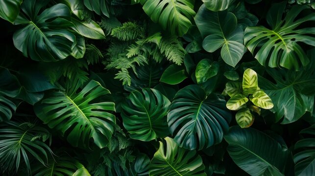 A lush green wall of tropical leaves, showcasing a variety of textures and shapes. The background is a deep green, creating a sense of tranquility and peace.