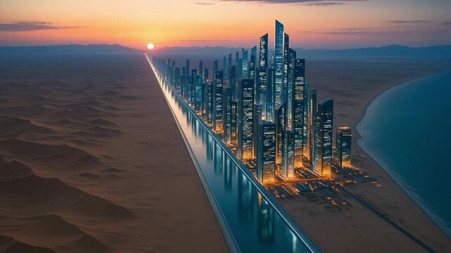 Smart city and communication network concept. Linear City in the Desert, NEOM Vision
