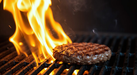 Beef burger patty grilling on barbecue grates with orange flames. Summer cooking and outdoor grilling concept