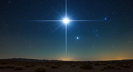 Bright star with cross beams over desert landscape at night sky. Astronomy space concept. Stargazing, celestial observation, night photography. Christmas star, observatory tours, telescope sale banner