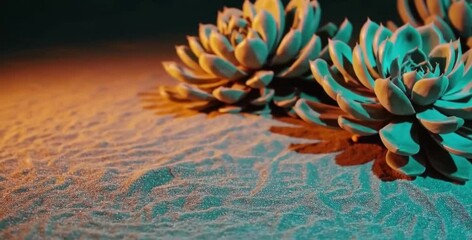 Vertical amber and turquoise bio-dunes: succulents glow from their roots, sand shimmers with neon, 4K60fps, seamless loop for Reels, Intros, VJ sets, Digital Showcases, AR and Streams.