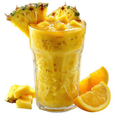 Refreshing pineapple smoothie in glass with orange slices isolated on transparent background