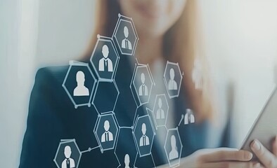 Woman using tablet with overlaid network of connected profiles