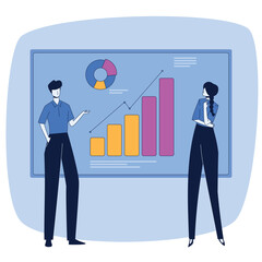 Business strategy concept illustration. Man and woman look at a board with graphs and charts
