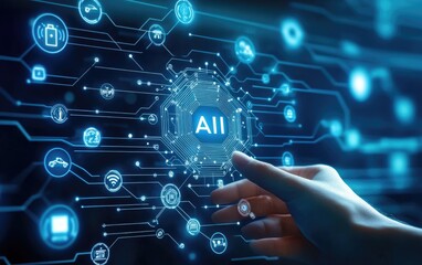 Hand interacting with a digital AI interface.  Overlay of interconnected icons, circuits, and a central "AI" graphic.  Futuristic, technology concept