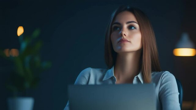 Businesswoman pausing at laptop, closing eyes and breathing deeply, practicing mindfulness while managing workplace stress in serene office environment