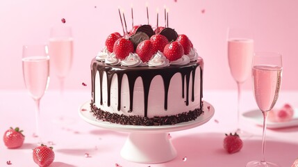 A birthday cake with chocolate and strawberries on top. Colorful and Delicious Birthday cake. Birthday cake with chocolate and strawberries. Happy Mother's Day. Valentine Day. Happy Wedding 