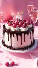A birthday cake with chocolate and strawberries on top. Colorful and Delicious Birthday cake. Birthday cake with chocolate and strawberries. Happy Mother's Day. Valentine Day. Happy Wedding 