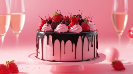 A birthday cake with chocolate and strawberries on top. Colorful and Delicious Birthday cake. Birthday cake with chocolate and strawberries. Happy Mother's Day. Valentine Day. Happy Wedding 