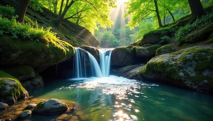 Serene Waterfall Cascading over Mossy Rocks in Sun-Dappled Forest, Tranquil Nature Scene