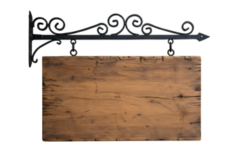 Rustic wooden sign with a decorative wrought iron bracket floats against a transparent background, perfect for shop branding.