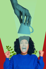 Poster image vertical photo collage of happy girl guy stand coffee cup drink herbal tea beverage...