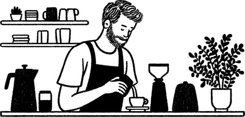 Barista crafting coffee behind the counter - hand drawn cafe scene