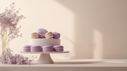A cake with chocolate, strawberries, and macarons. Colorful macarons. Beautiful macarons. Macarons on an elegant cake. Delicious desserts and confectionery products. Copy space area