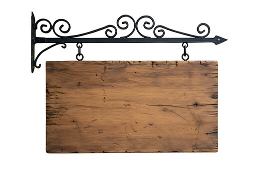 Rustic wooden sign with a decorative wrought iron bracket floats against a transparent background, perfect for shop branding.