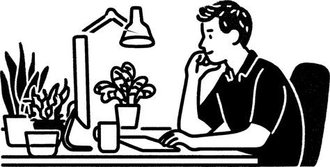 Calm workspace with person answering in hand drawn style for creative design