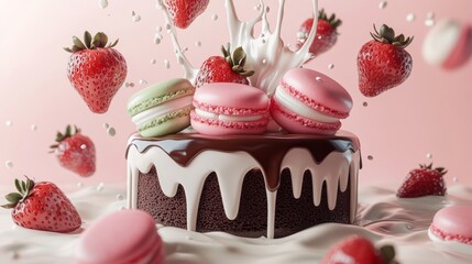 A cake with chocolate, strawberries, and macarons. Colorful macarons. Beautiful macarons. Macarons on an elegant cake. Delicious desserts and confectionery products. Copy space area