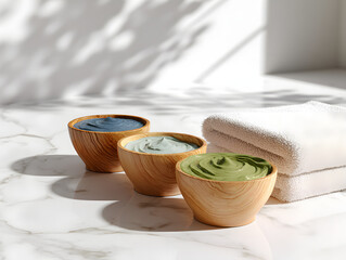Set of face masks in wooden bowls: blue spirulina, green tea, and natural clay.