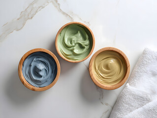 Set of face masks in wooden bowls: blue spirulina, green tea, and natural clay.