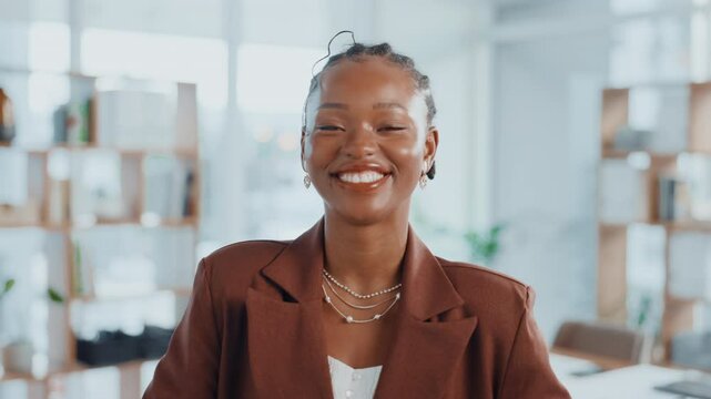 Laughing, face or black woman in office with admin, smile and confidence in creative agency. Portrait, funny joke or happy African employee in administration with startup, career ambition or business