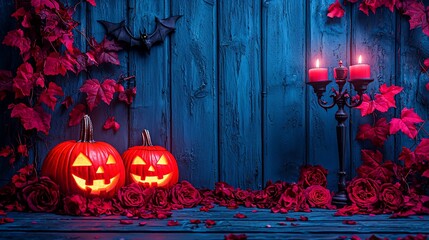Spooky Halloween pumpkins, dark blue wood, and red roses.  Two carved pumpkins glow with warm light against a dark, teal blue wooden backdrop.  Crimson roses and leaves add to the Halloween ambiance.