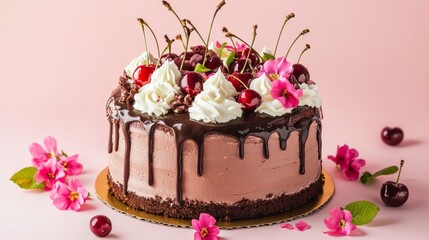 A beautiful chocolate mousse cake with flowers and cherries on top. Colorful and Delicious Birthday cake. Birthday cake with chocolate and cherries. Happy Mother's Day. Valentine Day. Happy Wedding 