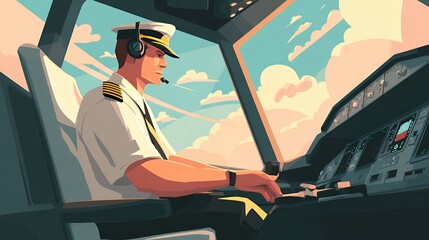 Focused Pilot Flying Plane in Cockpit with Headset and Clouds