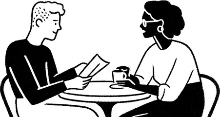 Fototapeta premium Couple exchanging handwritten notes over coffee at a cozy cafe