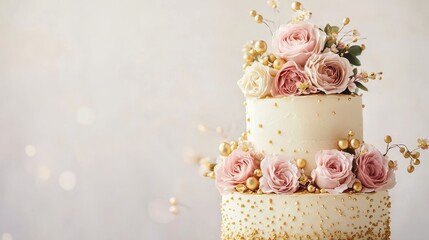 A beautiful cake. Birthday cake with chocolate and strawberries. Cake with pink and gold flowers. Colorful and Delicious Birthday cake. Happy Mother' Day. Valentine Day. Happy Birthday. Happy Wedding