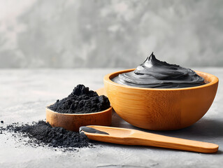 Black charcoal facial mask with creamy texture inside a wooden bowl.