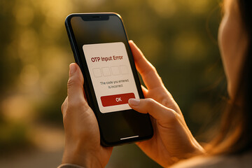 Young woman holding receiving digital error message for incorrect OTP entry, symbolizing secure login failure and mobile verification issues, OTP error, mobile verification, login failure, incorrect 
