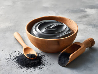 Black charcoal facial mask with creamy texture inside a wooden bowl.