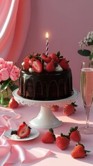 A beautiful chocolate mousse cake with flowers and cherries on top. Colorful and Delicious Birthday cake. Birthday cake with chocolate and cherries. Happy Mother's Day. Valentine Day. Happy Wedding 
