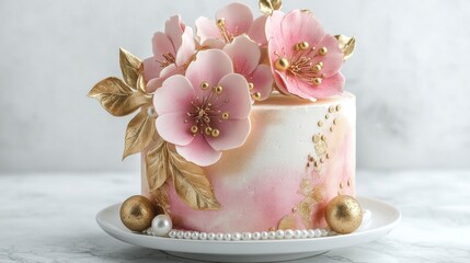 A beautiful cake. Birthday cake with chocolate and strawberries. Cake with pink and gold flowers. Colorful and Delicious Birthday cake. Happy Mother' Day. Valentine Day. Happy Birthday. Happy Wedding
